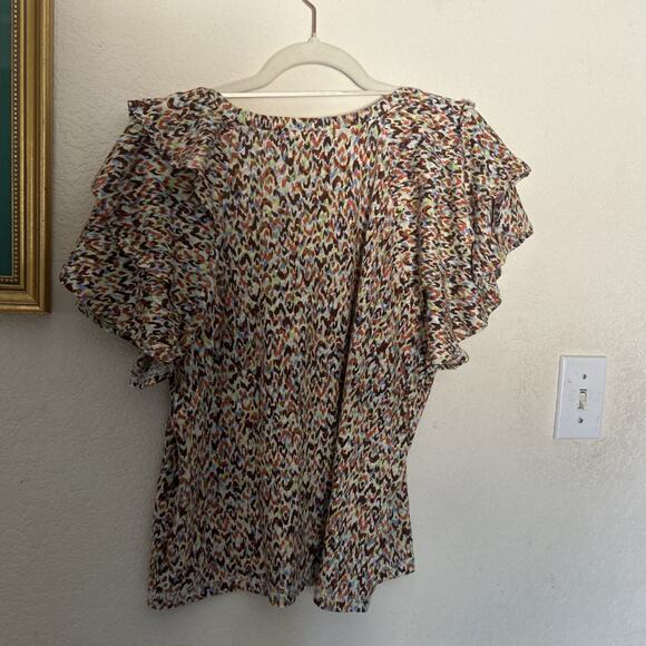 Democracy Nectarine Tiered Bell Sleeve V-Neck Printed Knit Top In Multi Size L - Picture 5 of 5